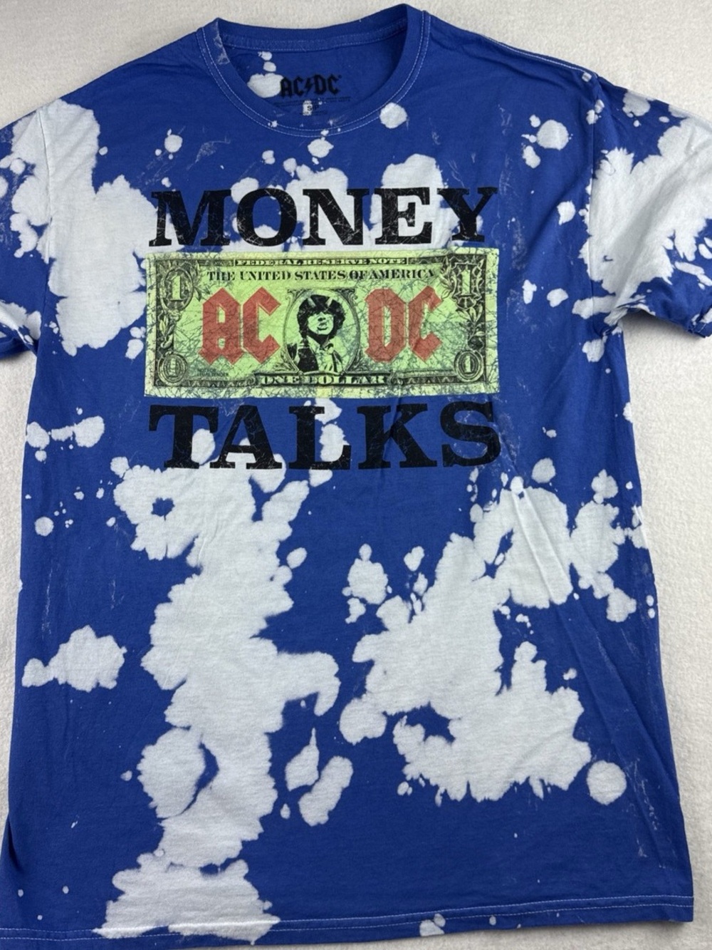 NWOT AC/DC Money Talks Tie-Dye Graphic Band T-Shirt in Blue and White Sz Medium